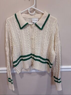 Pink Rose Cream Cable Knit Polo Cardigan with Green Stripe Accents